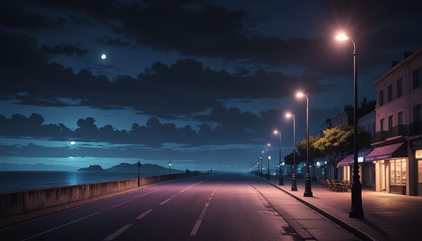 Moody Seaside Boulevard at Night in Vibrant Neon