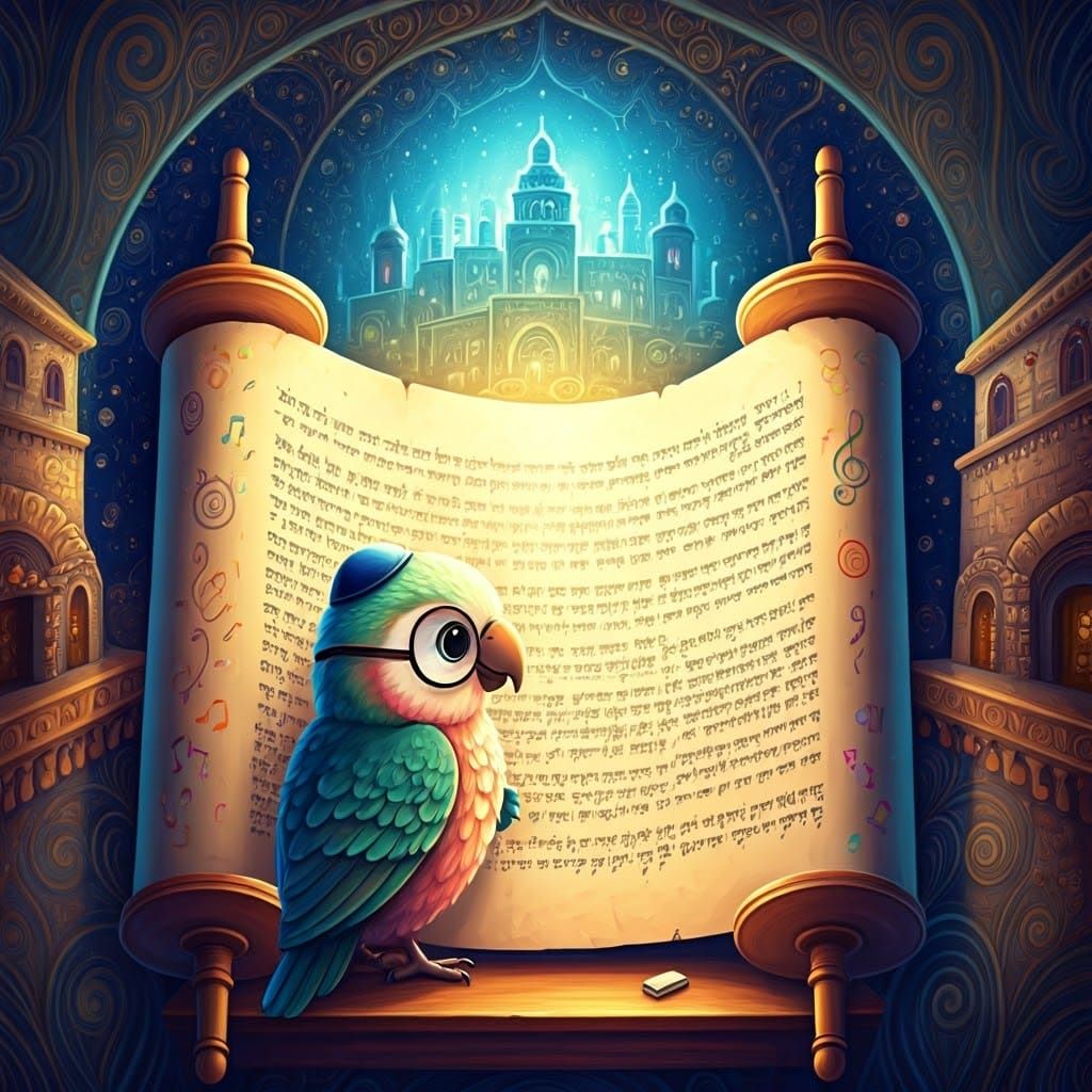 Whimsical Parrot Rabbi Studies Giant Torah in Vibrant Jerusa...