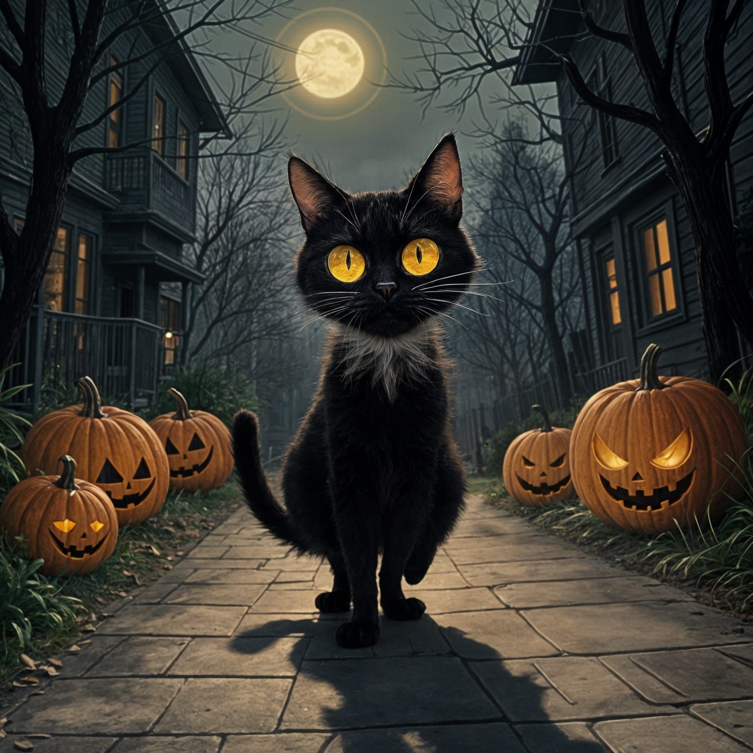 Creepy Black Cat Halloween Night