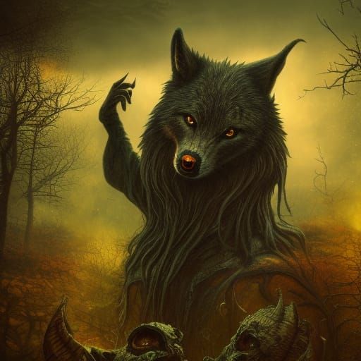 Creepy Samhain Wolf Figure in Witchcore Style