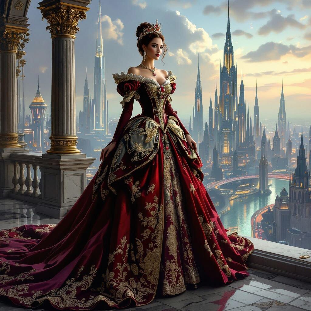 Baroque painting. A regal Queen of Hearts, adorned in an opu...