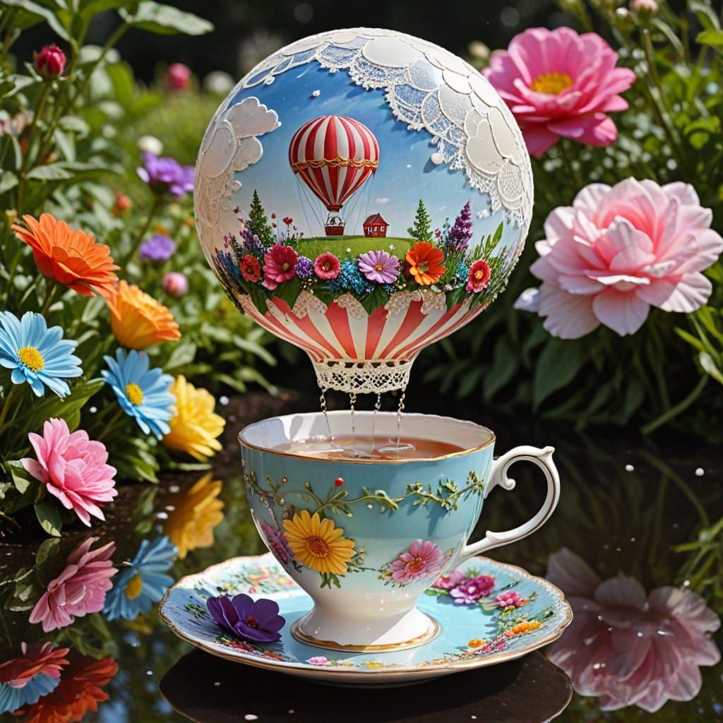 Colourful Hot Air Balloon in Whimsical Garden Scene