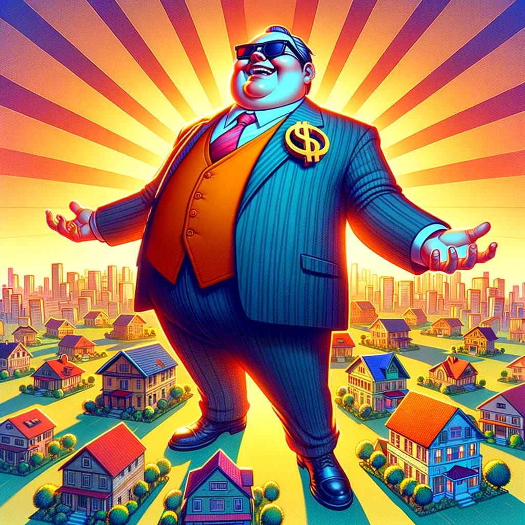 Greedy Real Estate Dealer in Suit with Property Plots