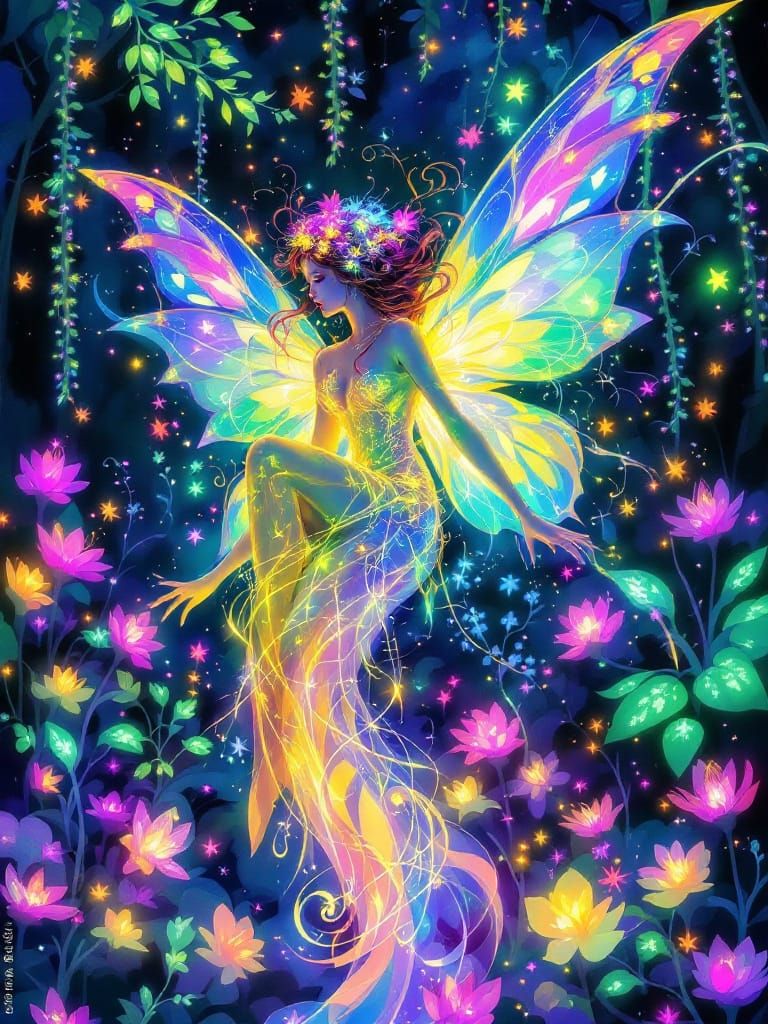 Ethereal Fairy in Bioluminescent Forest Painting