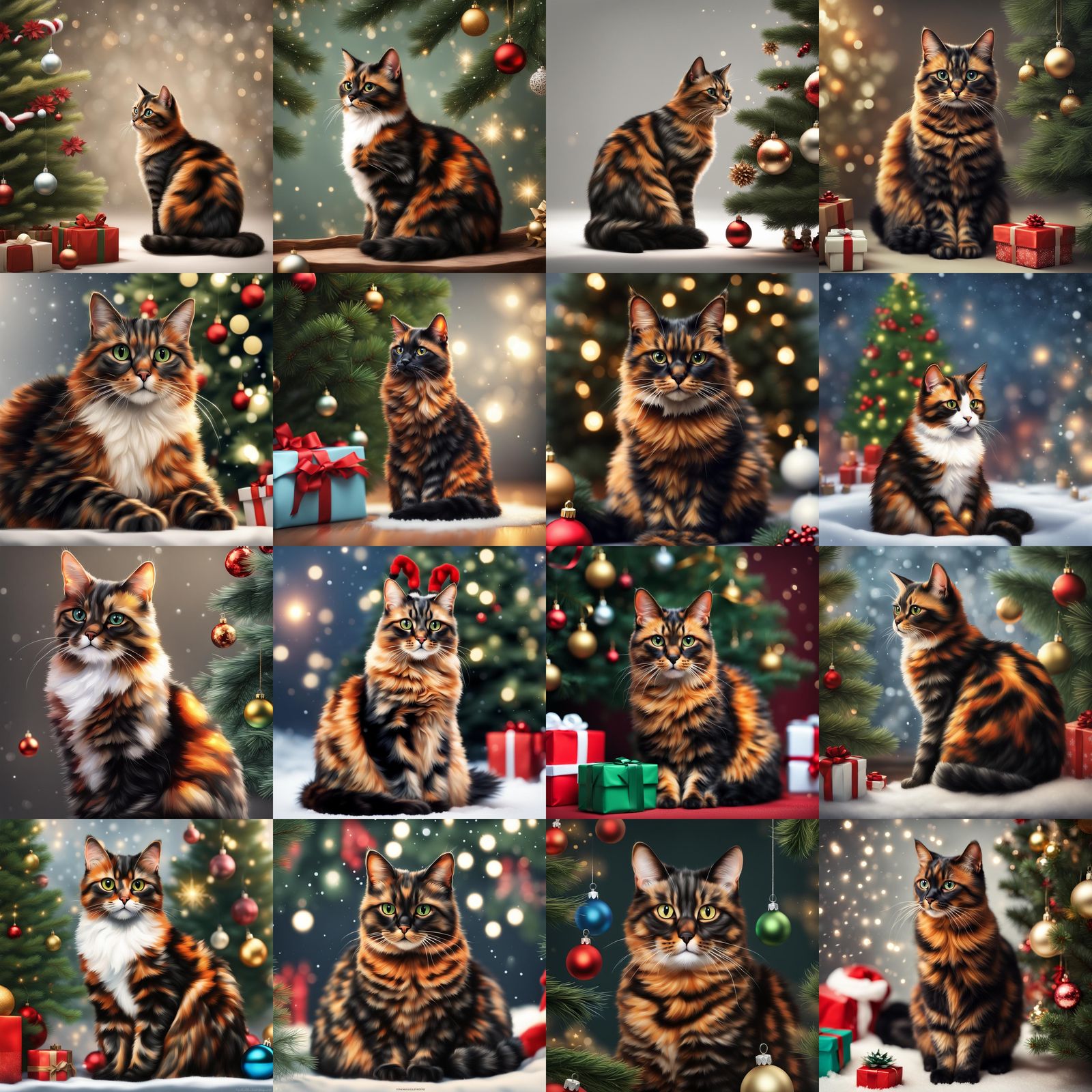 Tortoiseshell Cat Observes Christmas Tree: Photorealistic Di...