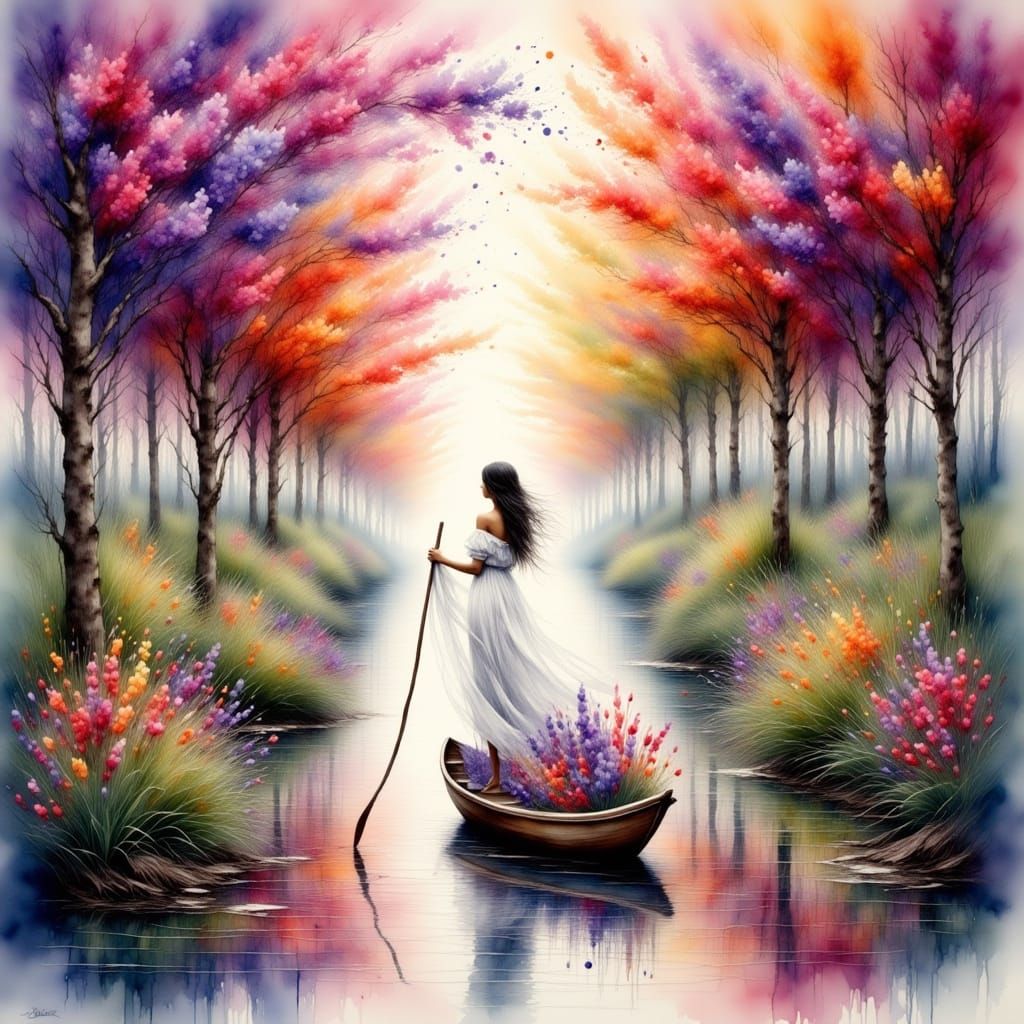 Flower Picker in Jacaranda Avenue: Whimsical Watercolor