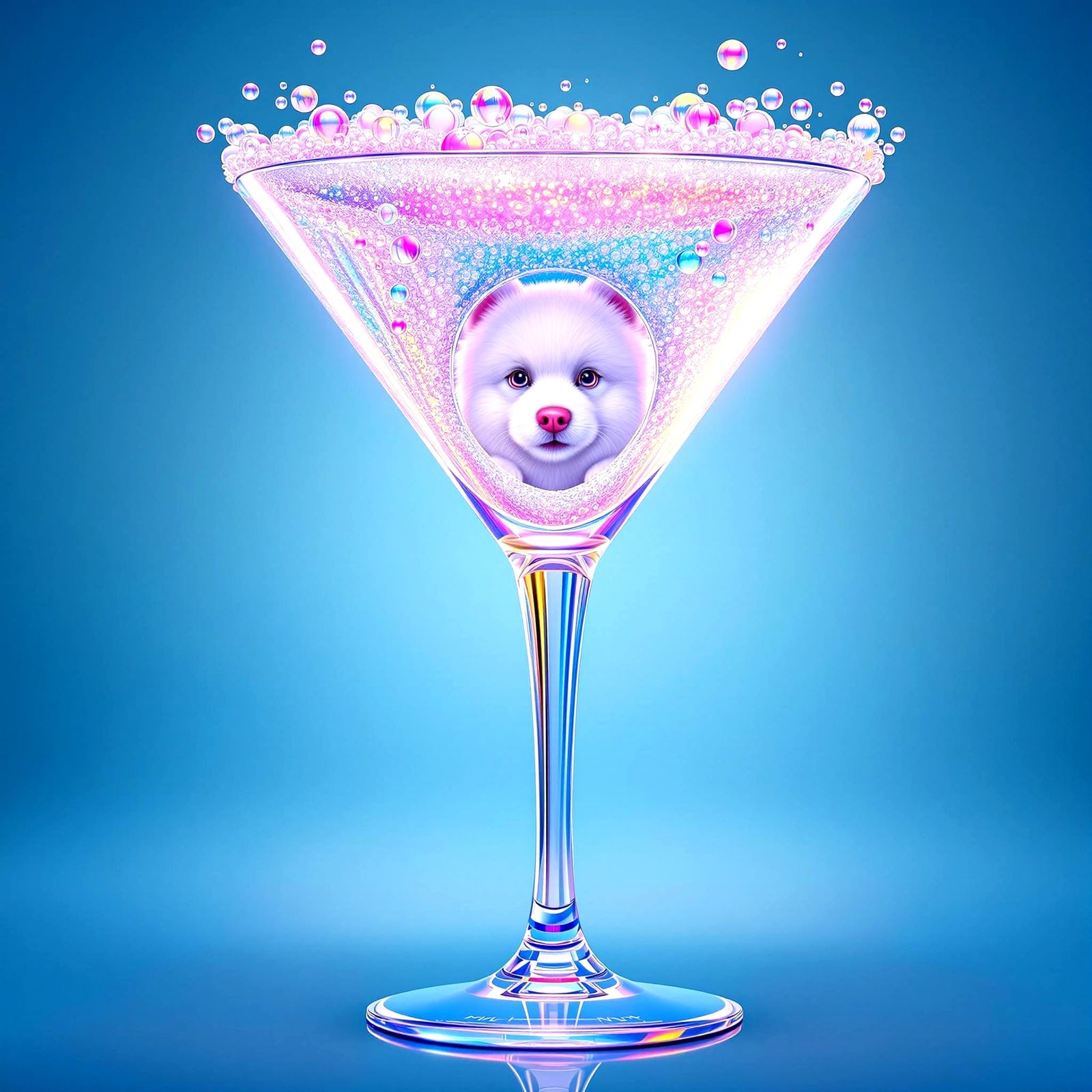 Surreal Art Deco Scene with a White Pup in a Rainbow Filled...