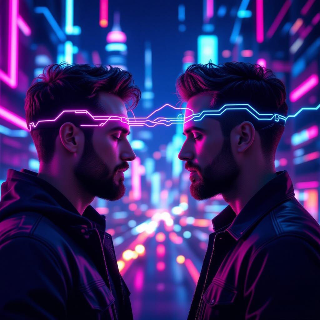 Mind Reading Men in Neon Synthwave Cityscape