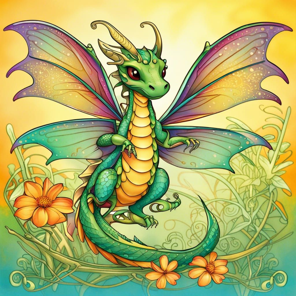 Dragonfly-Winged Dragon in Art Nouveau Style