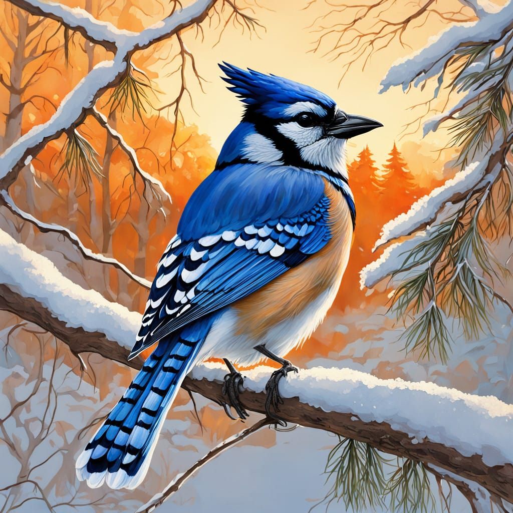 Surreal Watercolor Painting of Eastern Bluejay in Sunset Lan...