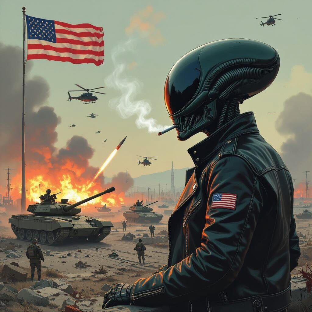 Alien Overlooks War in Dystopian Landscape