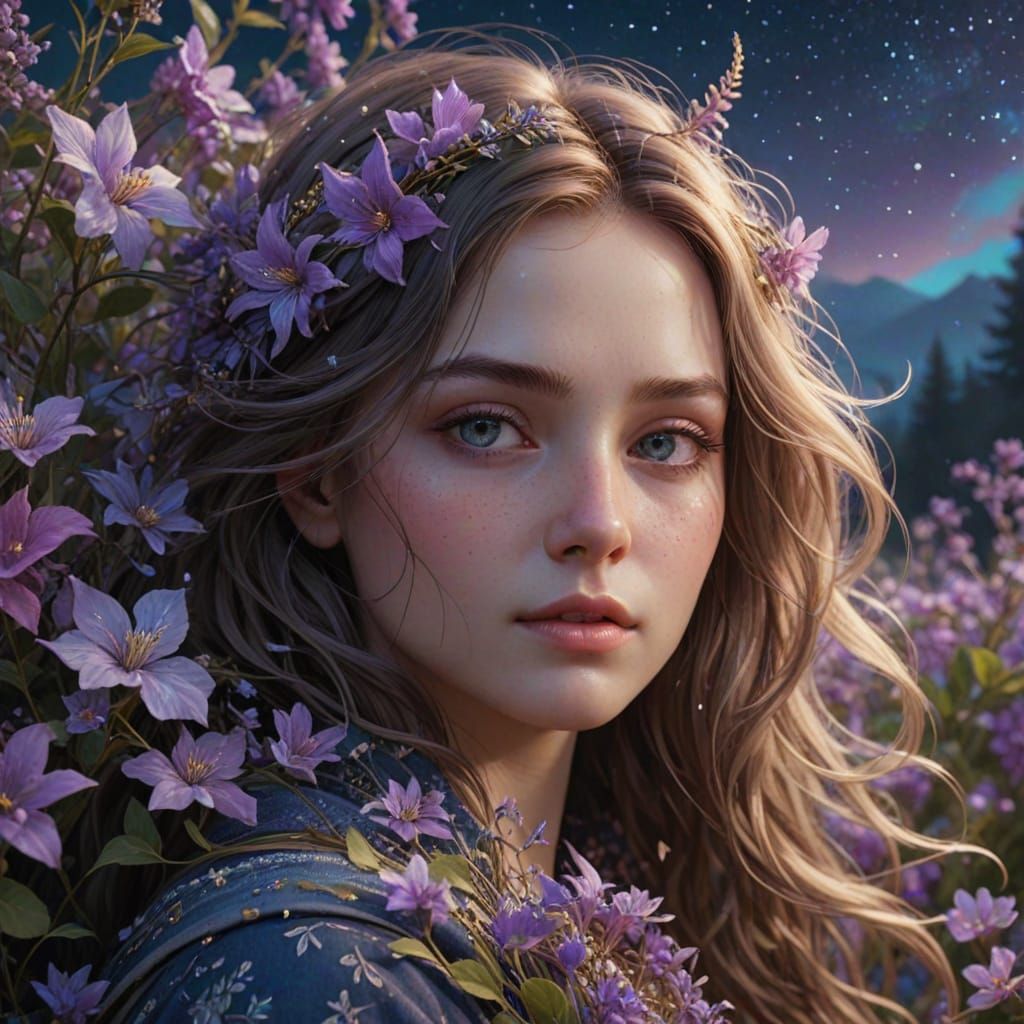 Enchanted Nighttime Floral Portrait in Dreamy Watercolor Sty...