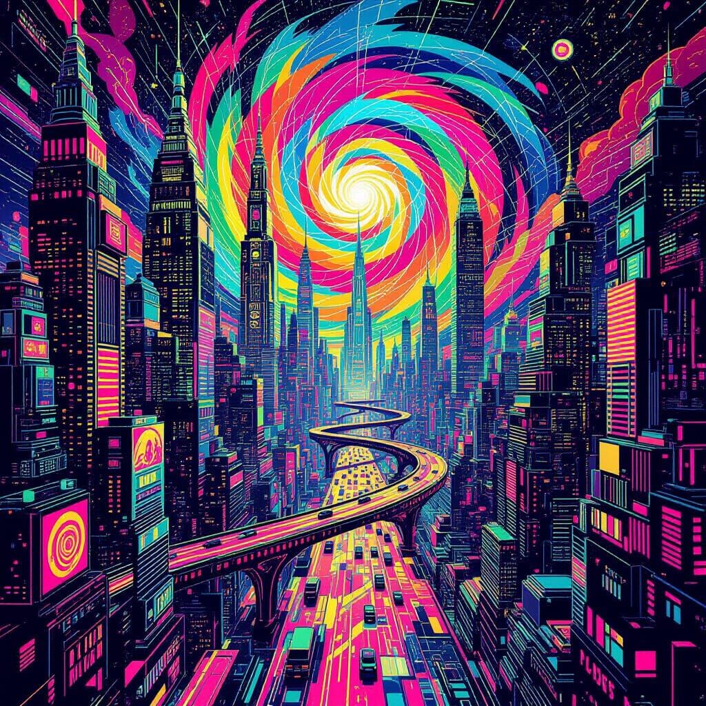 Vibrant Neon Cityscape in Vintage Psychedelic Style