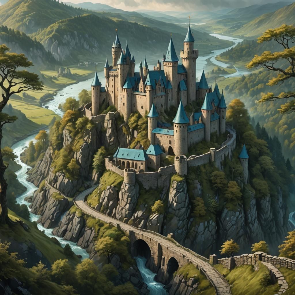 Medieval Castle Overlooks Eerie Forest: Digital Art