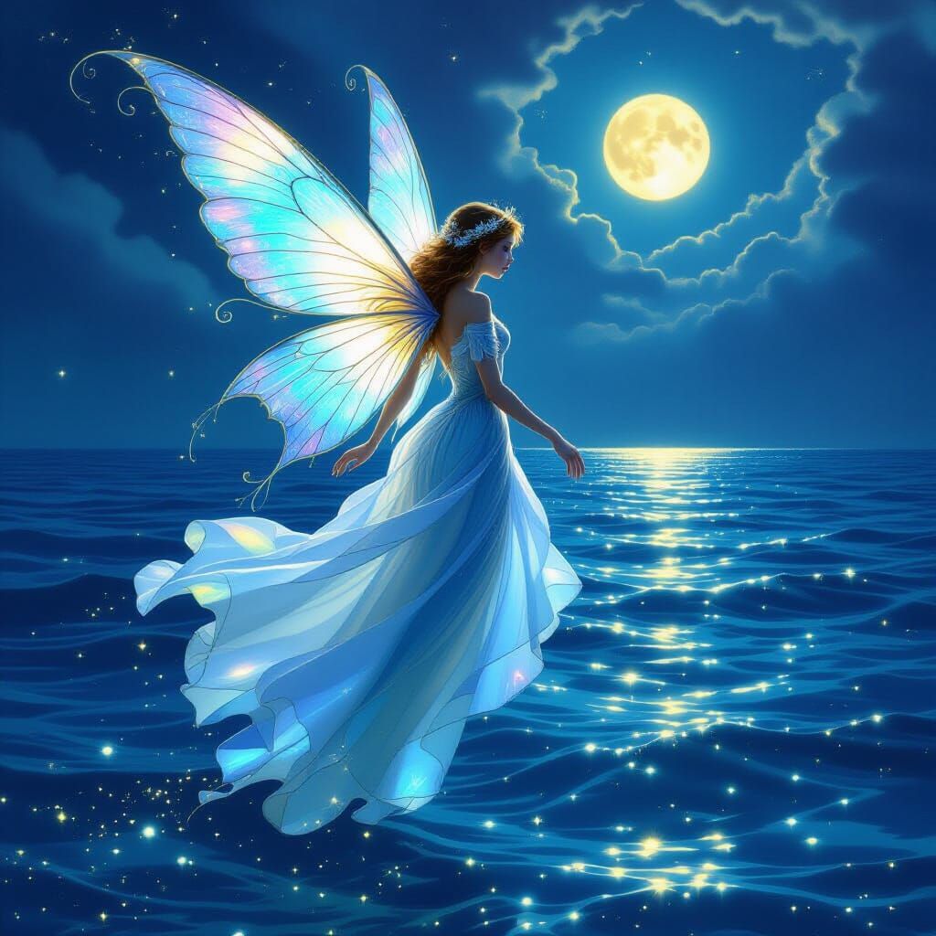 Fairy Soaring Over Bioluminescent Ocean