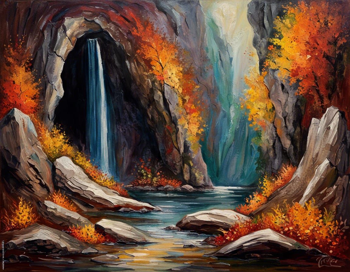 Spectacular Cave Entrance in Impasto Autumnal Style