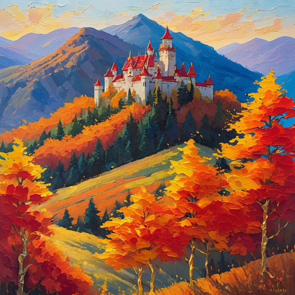 Sunlit Castle in Autumn Valley, Cheerful Impasto Expressioni...