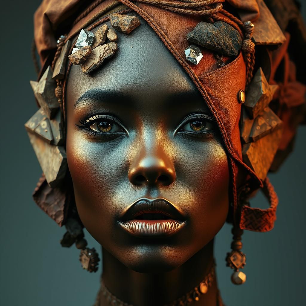 Geometric Woman's Face with Gemstones and Textiles