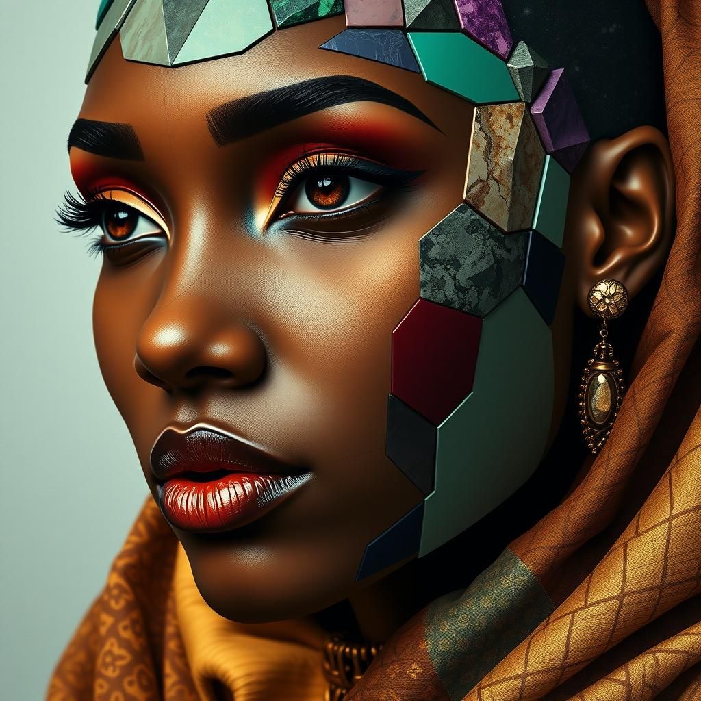 Geometric Gemstone Woman: Afrofuturist Mosaic Portrait