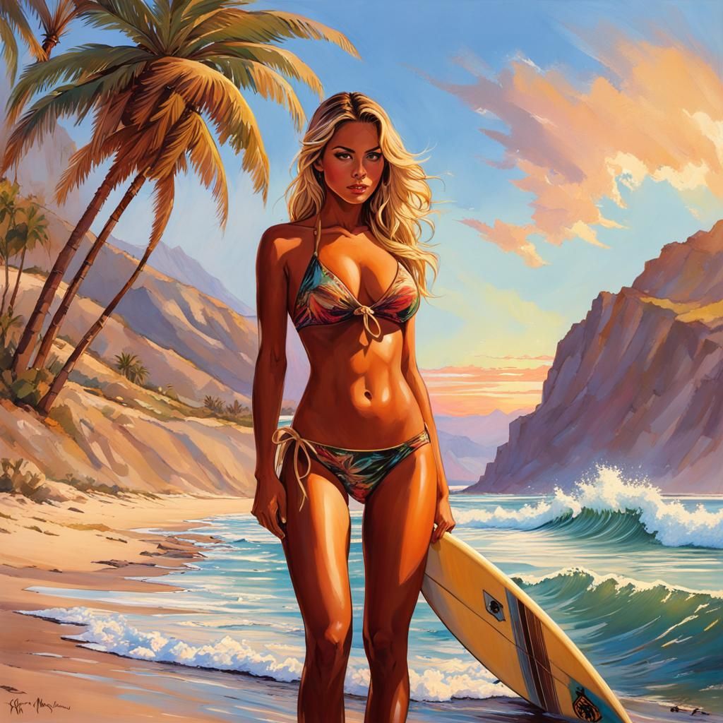 Baja Girl Portrait with Surfboard at Sunset