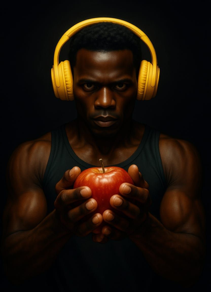 Man with Intense Gaze Holds Red Apple in Dramatic Portrait