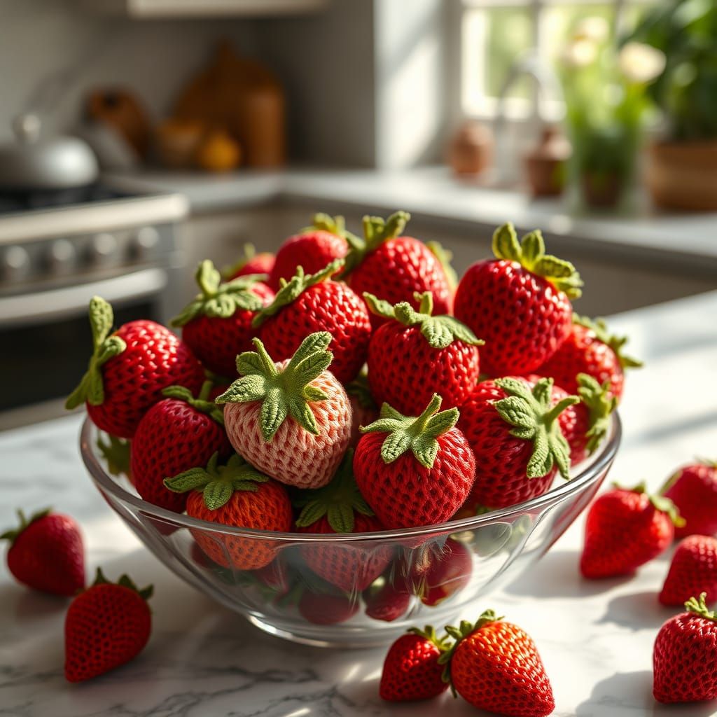Bowl of Crochet Strawberries: A Hyperrealistic Still Life
