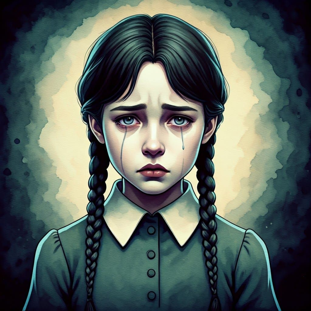 Wednesday Addams in Eerie Vintage Watercolor