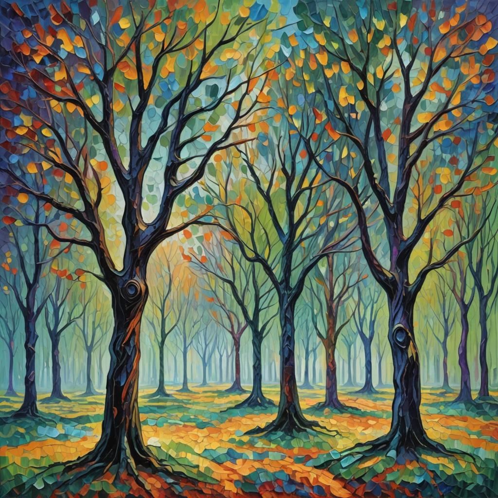 Bipedal Humanoid Trees in Expressionist Oil Painting