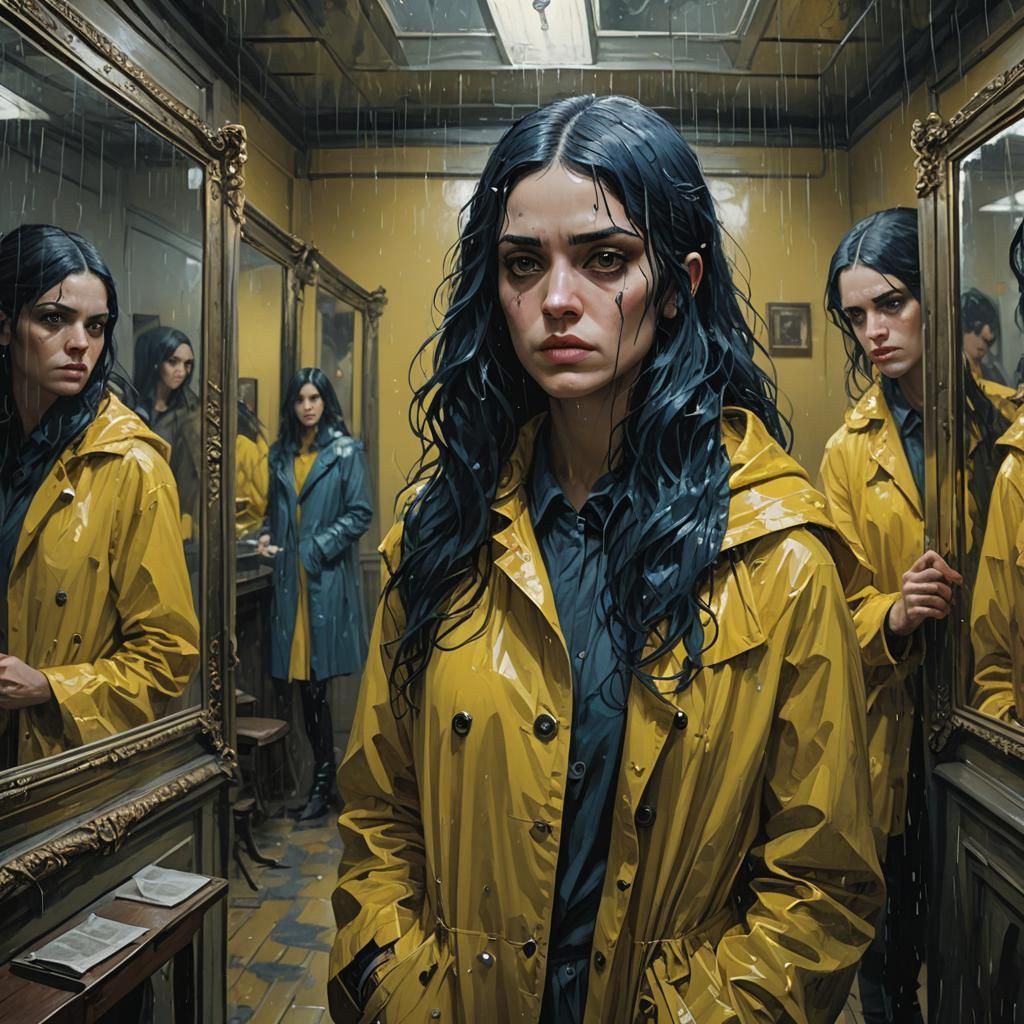 Pissed Woman in Mirror Room in Horror Style