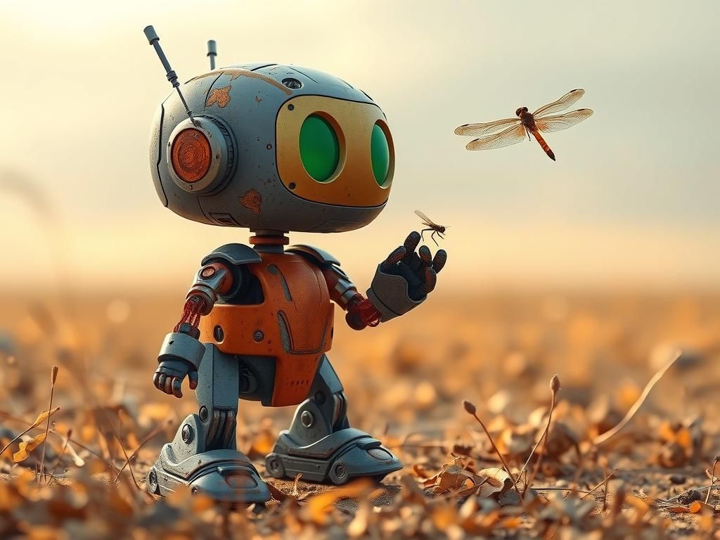 Robot and Dragonfly in Sun-Scorched Field