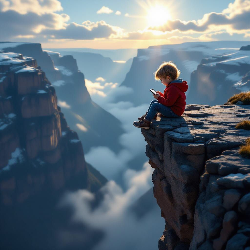 Child on Cliff Edge Engrossed in Smartphone