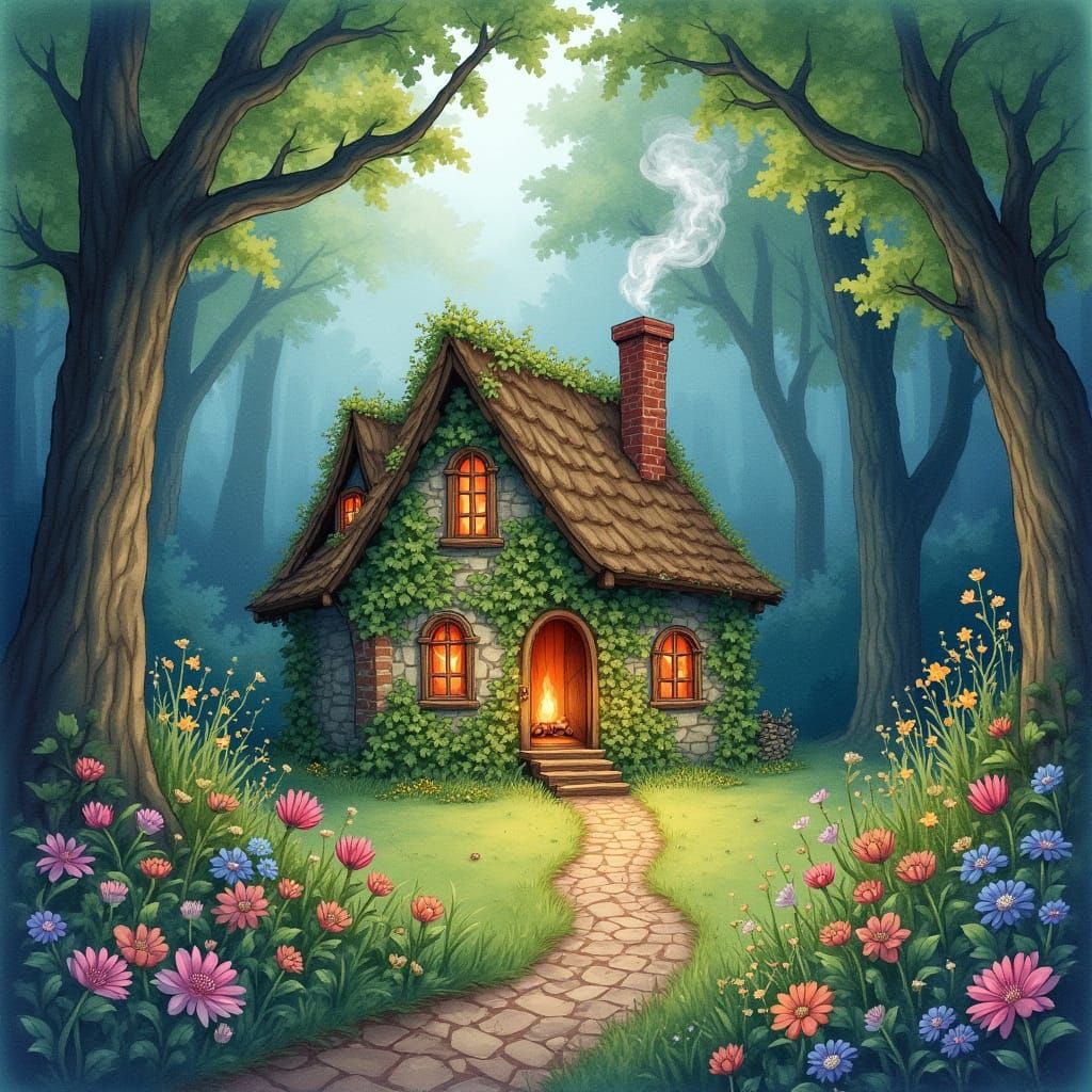 Enchanted Forest Cottage in Watercolor Style