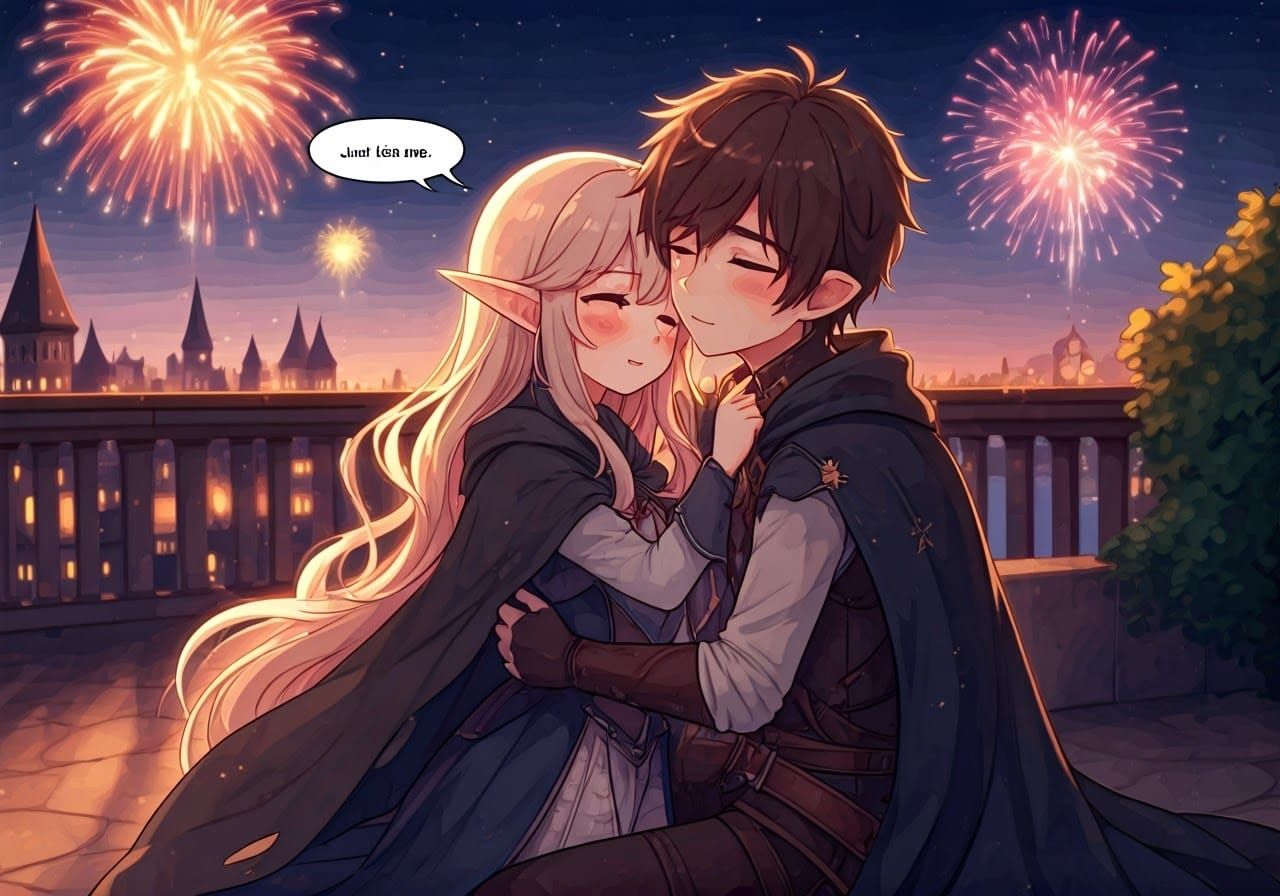 Anime Elf and Man Kiss Under Fireworks