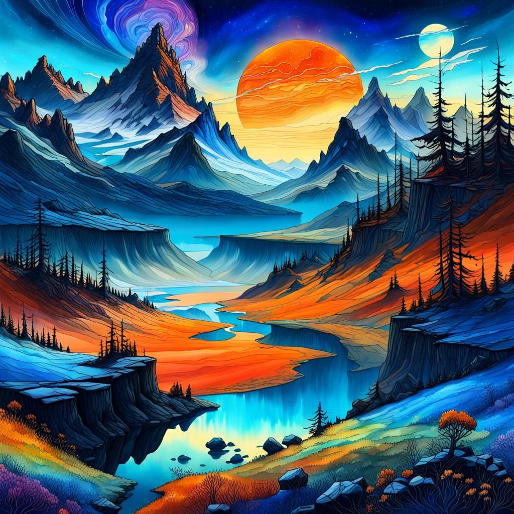 Solarpunk Landscape with Luminous Sun, Alcohol Ink Art