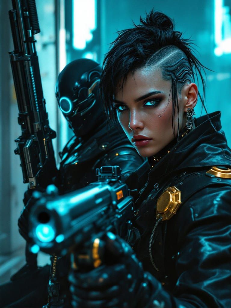 Cyberpunk Operatives in Blue-Teal Cinematic Photography