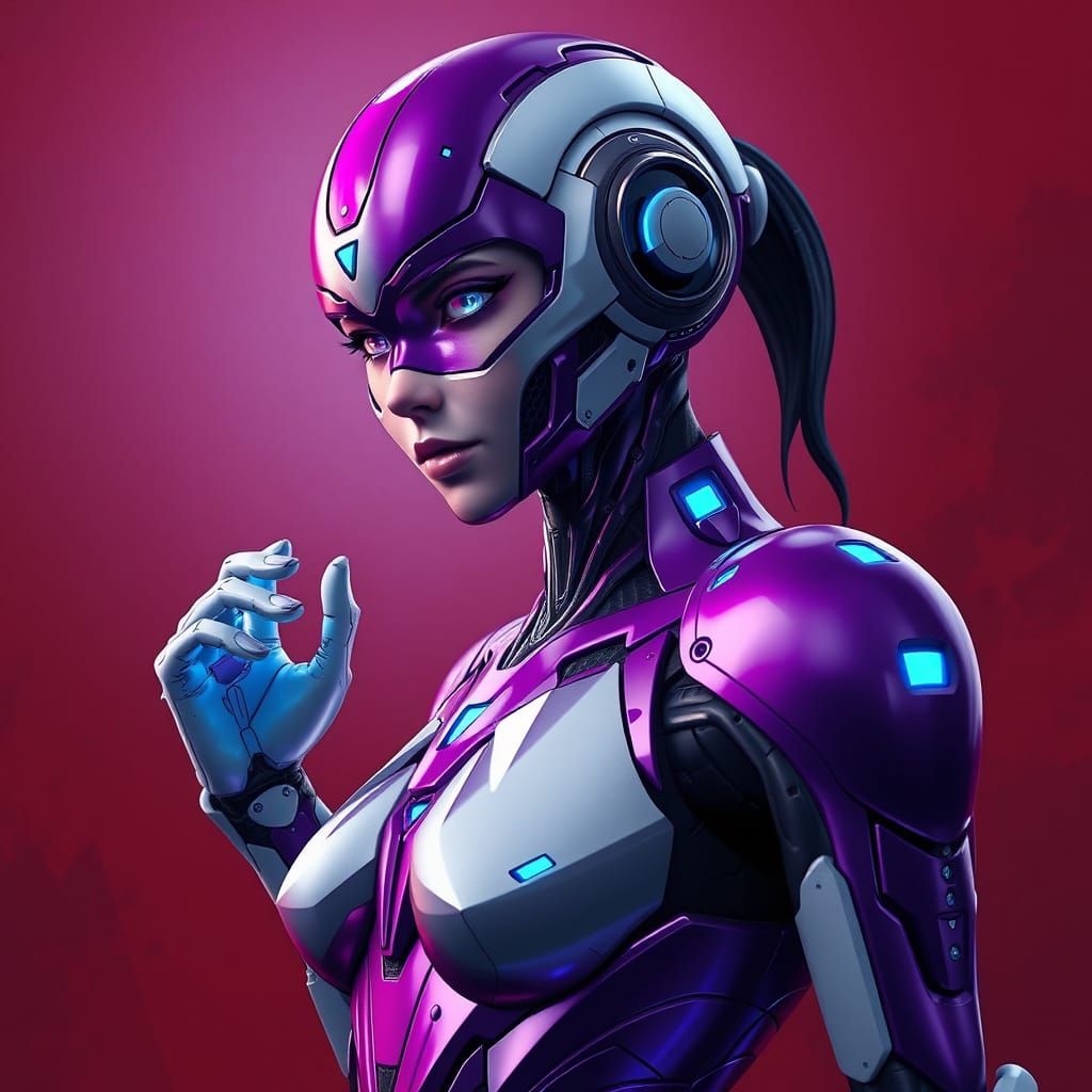 Fantasy Robot Heroine on a Deep Red Background