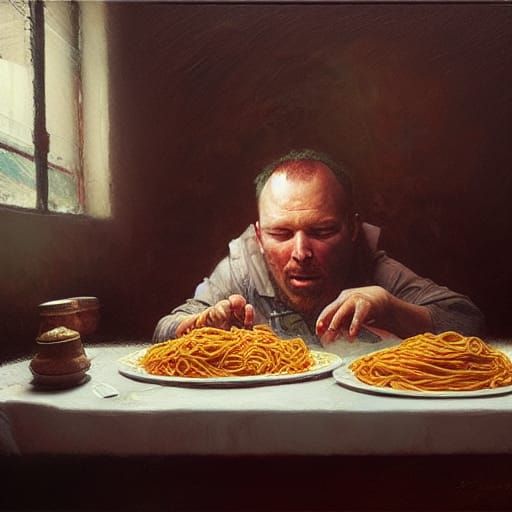 Gluttonous Monster Feasting on Pasta, Oil Painting
