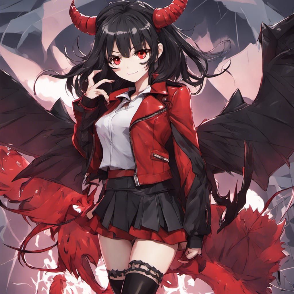 Anime Demon Girl with Red Wings and Black Leather