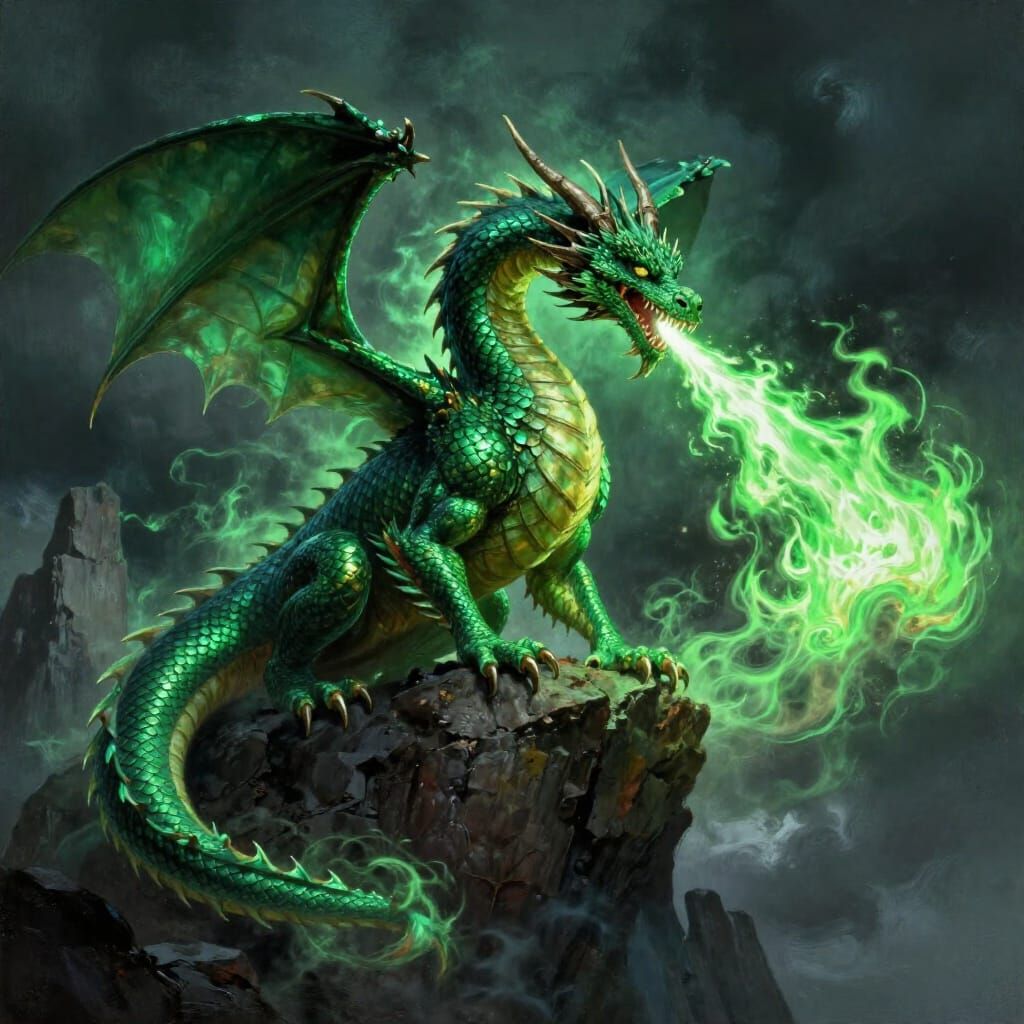 Majestic Emerald Dragon Breathes Green Fire on Cliff