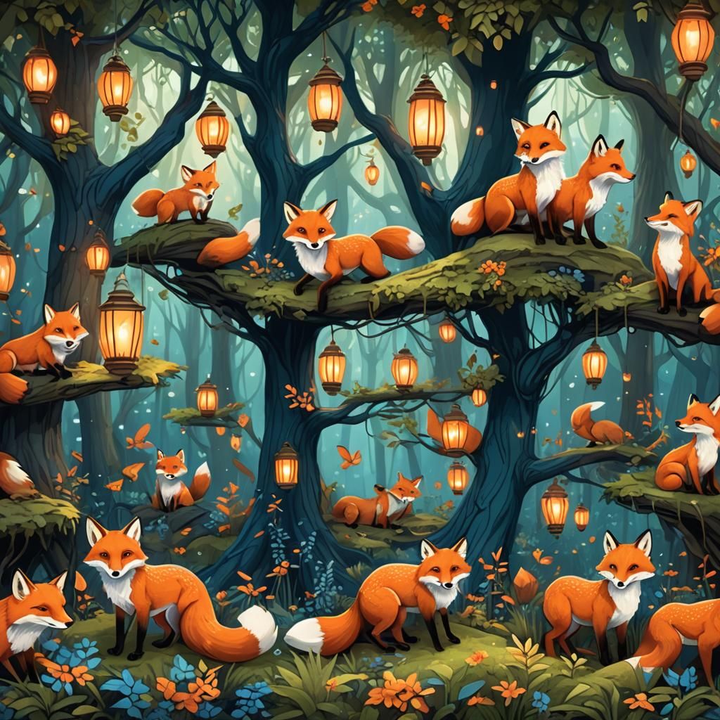 Whimsical Forest Scene with Many Foxes