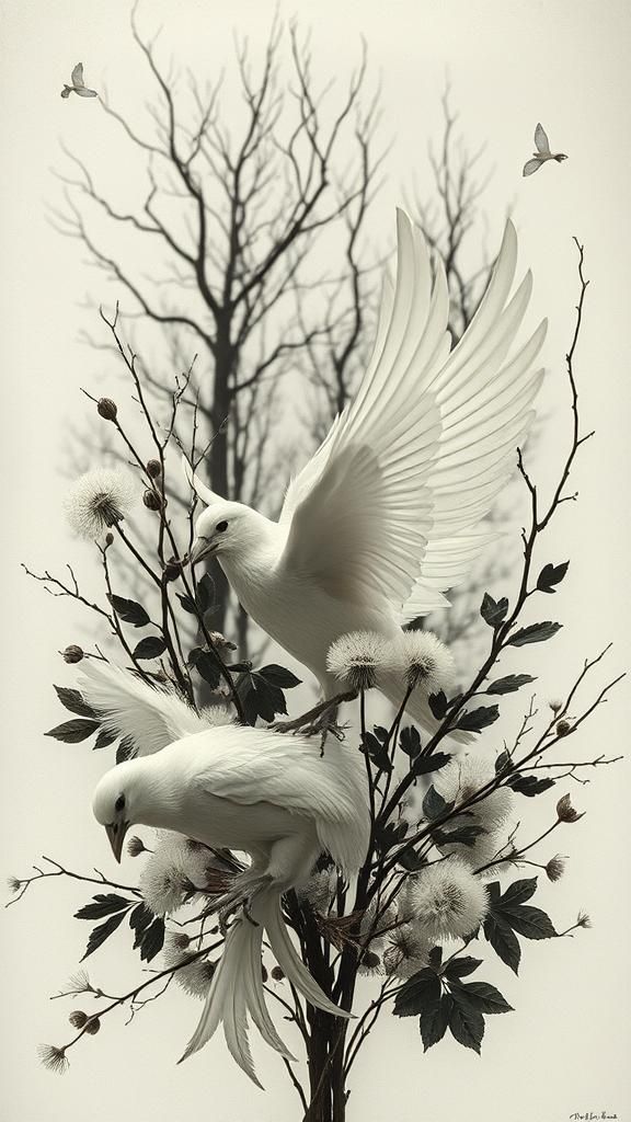 Surreal White Bird Photogram with Flowers and Branches