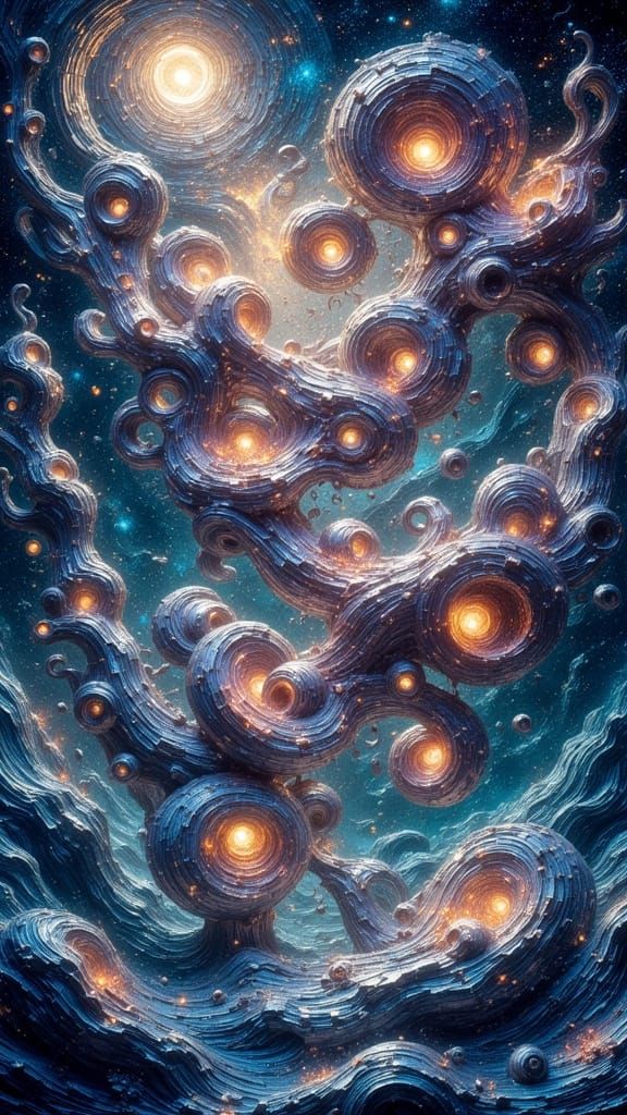 A futuristic, surreally impossible, hyperrealistic structure composed of twisted metal and fractal glass