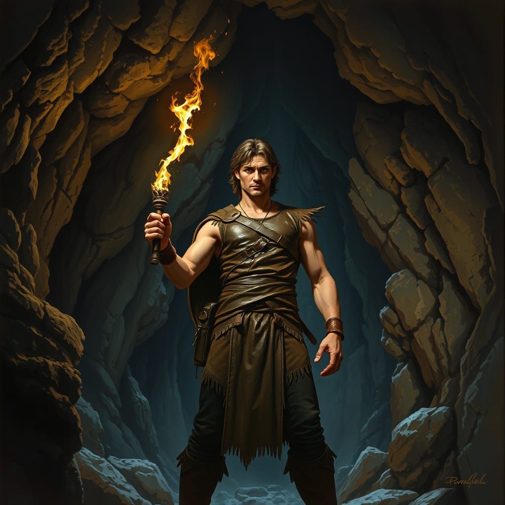 Heroic Figure in a Deep Cave with Torch