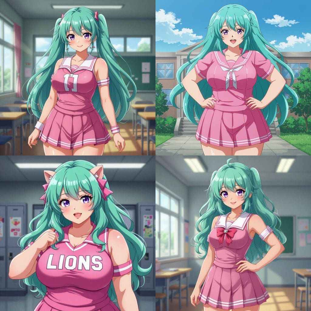 Anime Cheerleader Woman in Pink Uniform, School Background