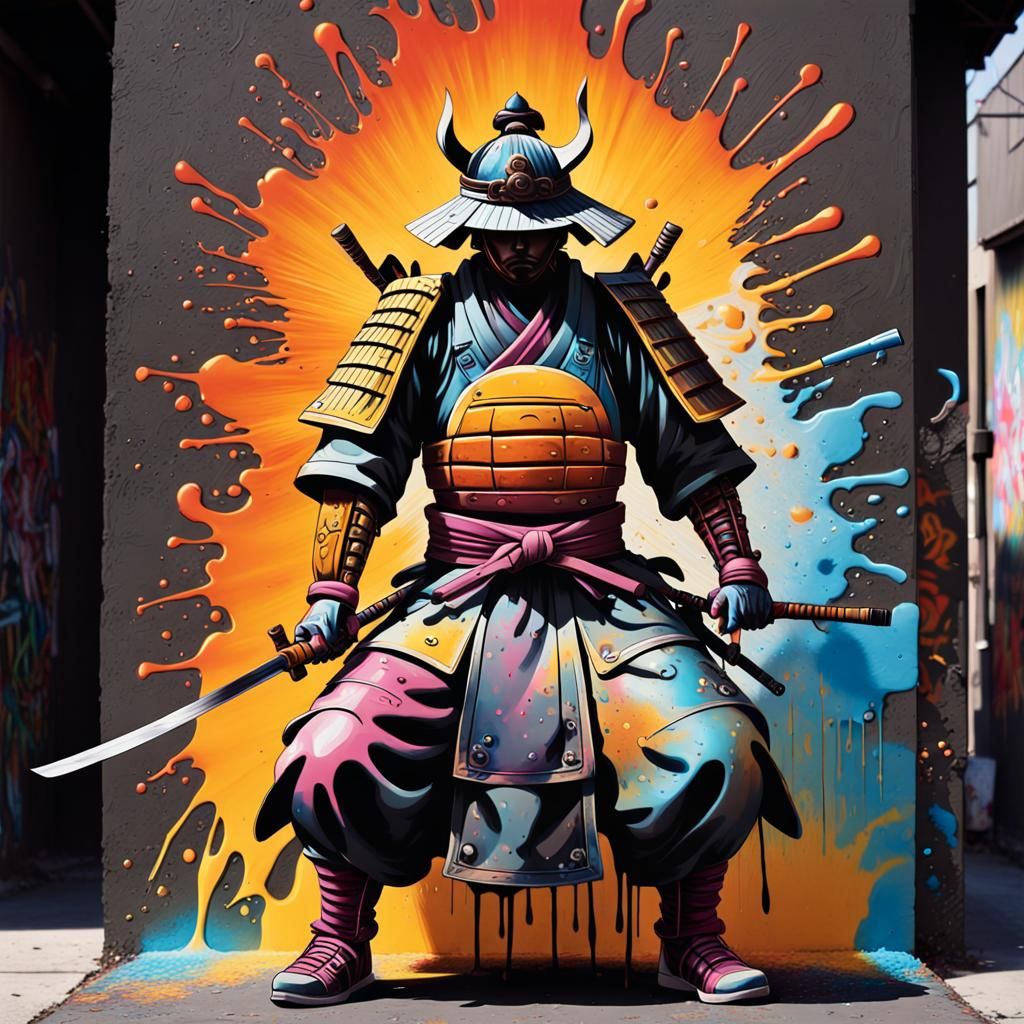 Vibrant Graffiti Art of a Sunburst Samurai