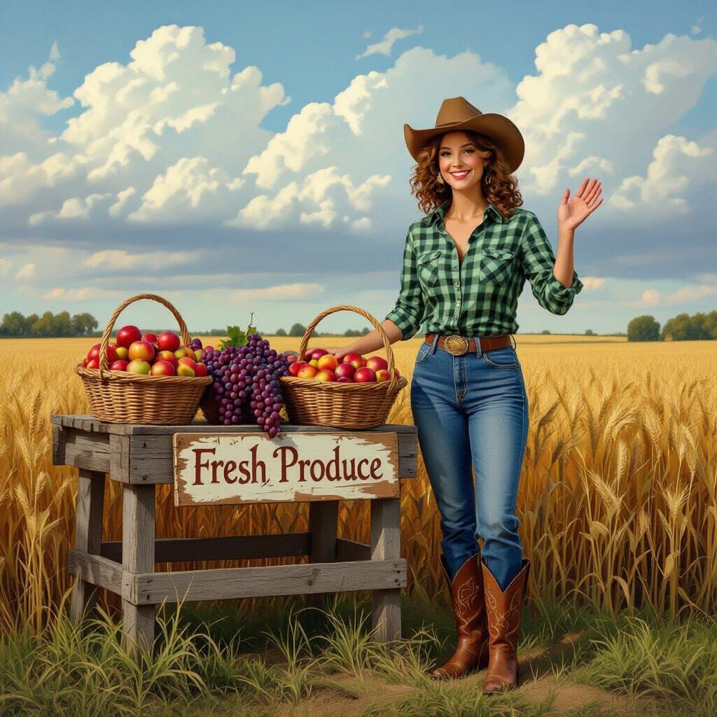 Farmstand Scene with Farmer's Wife in Photorealistic Style