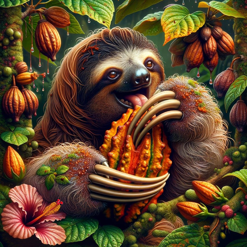 Sloth Eating Cacao Pod in Detailed Macro Shot