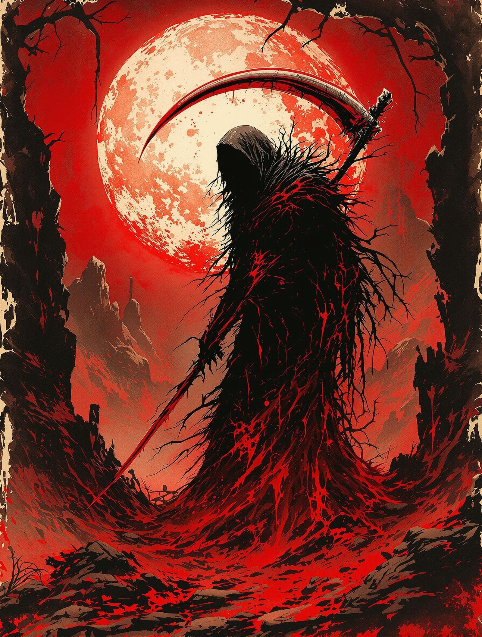 Dark Ascension Under Crimson Moonlit Skies