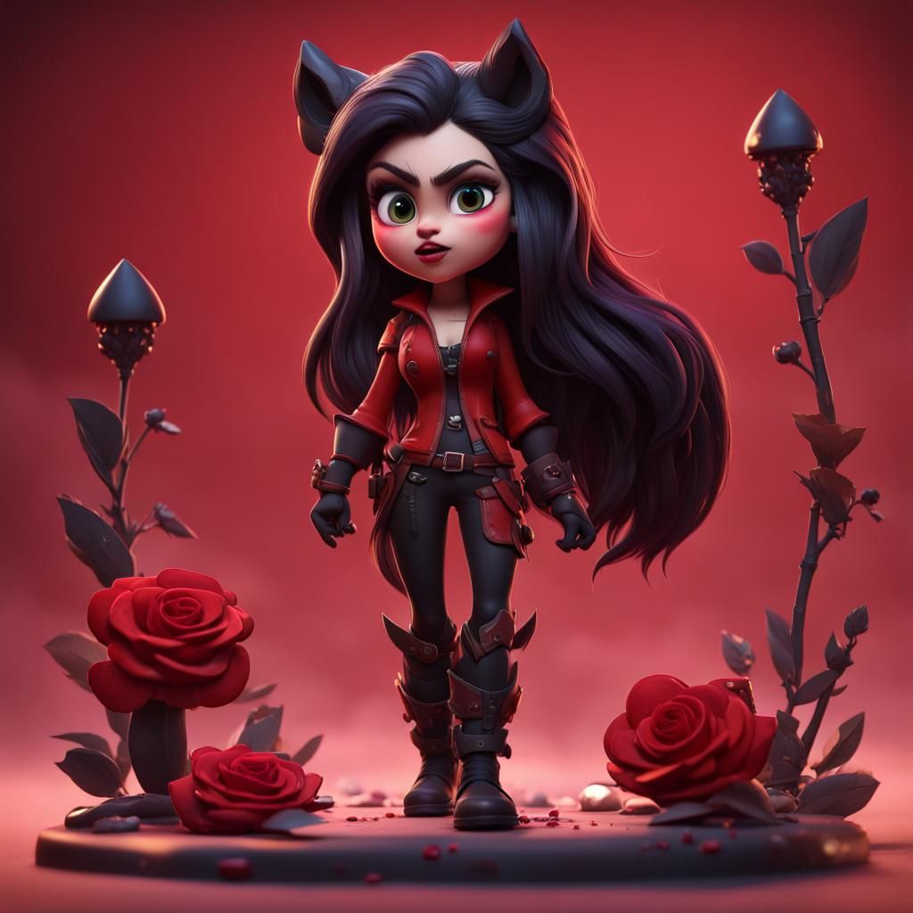 Red Rose, Blood, Black Wolf in Pixar Style