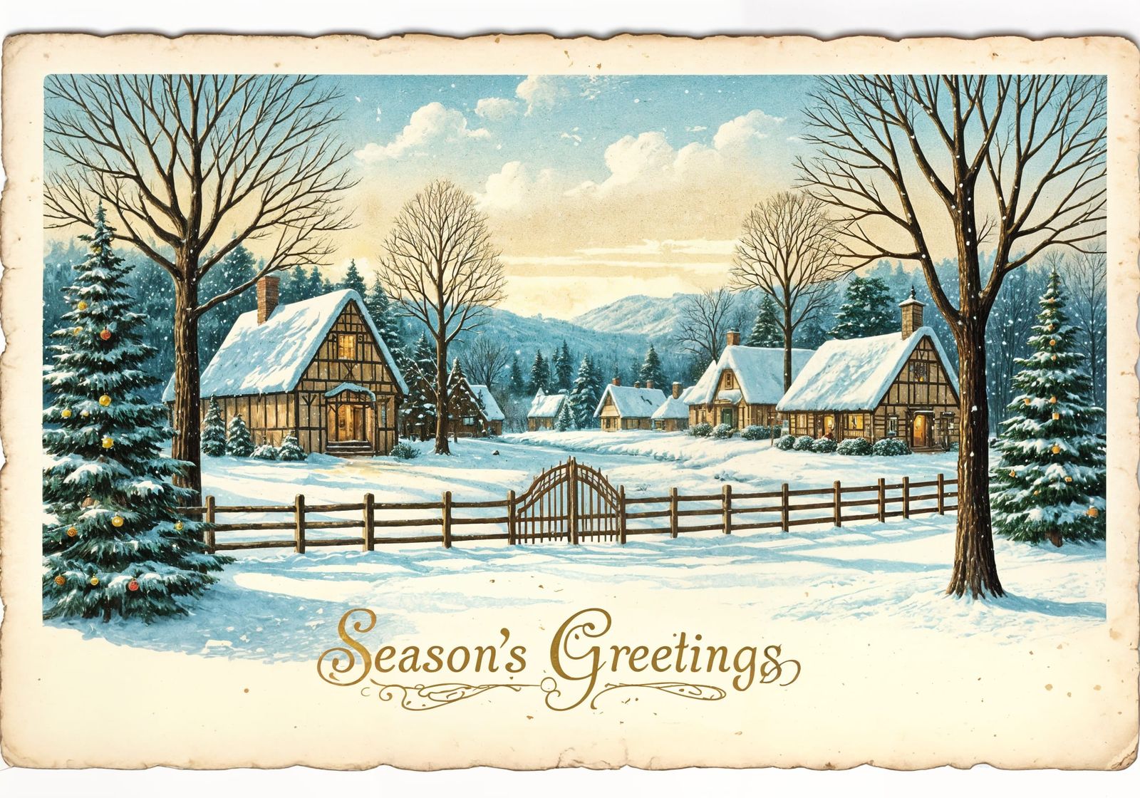 Victorian Christmas Village Postcard with Gold Script